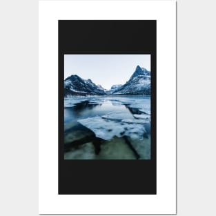 Ice Floating on Innerdalen Lake With Mountain Range on Freezing Winter Day Posters and Art